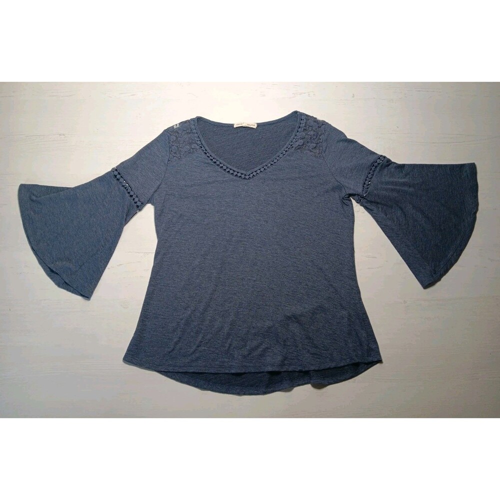 Above and Beyond Blouse Boho Medium Blue Geometric Floral Lace Bell Sleeves